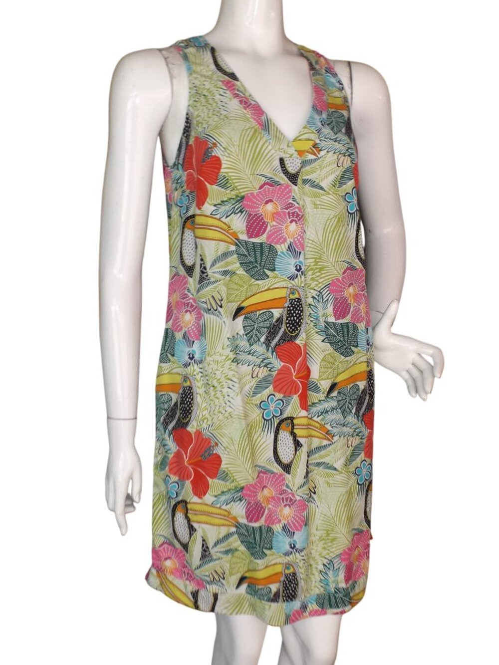 TOMMY BAHAMA Silk Dress, S, V-neck, Short, Pockets, Bold Color Toucan Floral - Picture 4 of 13